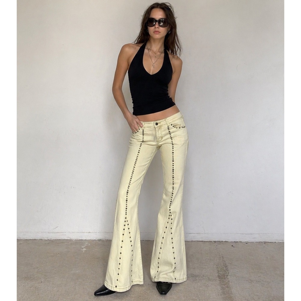 Blue B. Pale Yellow M‎ Studded Wide Leg Flare Jeans Y2K Boho Retro Bell Bottoms